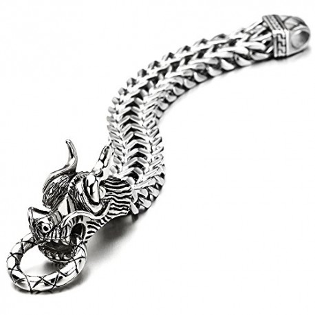Mens Large Stainless Steel Dragon Curb Chain Bracelet