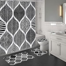 4 Pcs Black Shower Curtain Sets with Rugs
