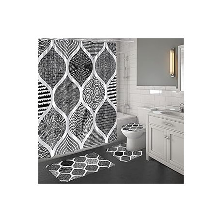 4 Pcs Black Shower Curtain Sets with Rugs