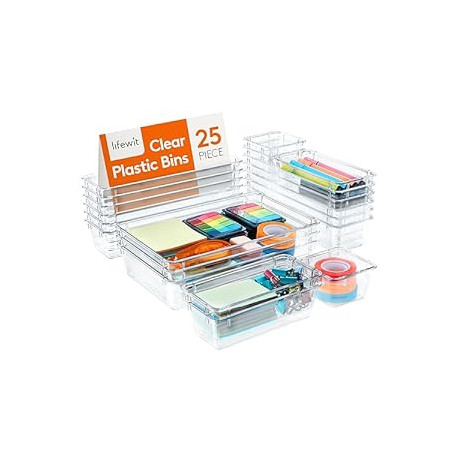 25 PCS Drawer Organizer Set Clear Plastic Desk