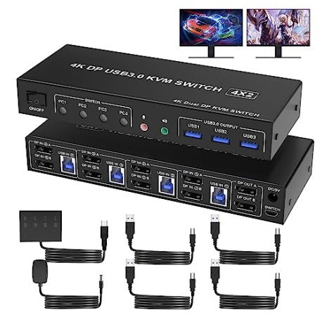 USB 3.0 KVM Switch 2 Monitors 4 Computers Displayport 4K 60Hz