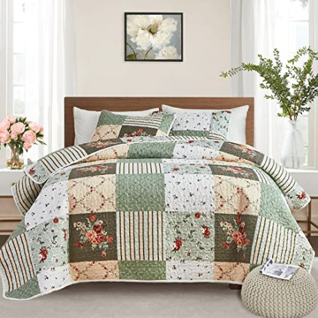 Quilt Set King Size, 3 Pieces Green Floral Plaid Summer Bedspread Coverlet Set