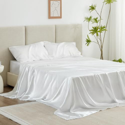 Satin Queen Sheets Set - 4 Piece White Silky Satin Bed Sheets Queen Set