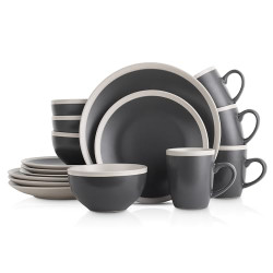 16-Piece Stoneware Dinnerware, 2-Tone, Speckles, Dark Gray and Cream