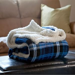 Blue Reversible Plaid Fleece 50 x 60-Inch Machine-Washable Sherpa Throw