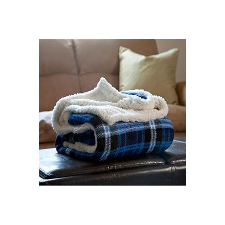 Blue Reversible Plaid Fleece 50 x 60-Inch Machine-Washable Sherpa Throw
