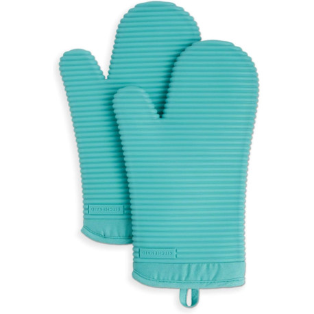 Pack 4 of Ribbed Soft Silicone Oven Mitt Set, 7"x13", Aqua Sky 2 Count