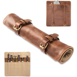 knife roll bag, genuine buffalo leather - chef's knife bag with 7 slots + extra accessories bag Soeren (Mahogany)
