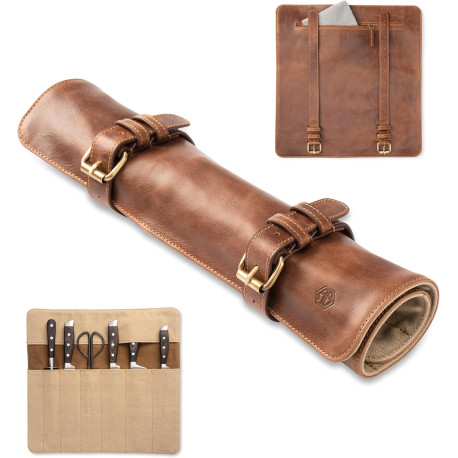 knife roll bag, genuine buffalo leather - chef's knife bag with 7 slots + extra accessories bag Soeren (Mahogany)