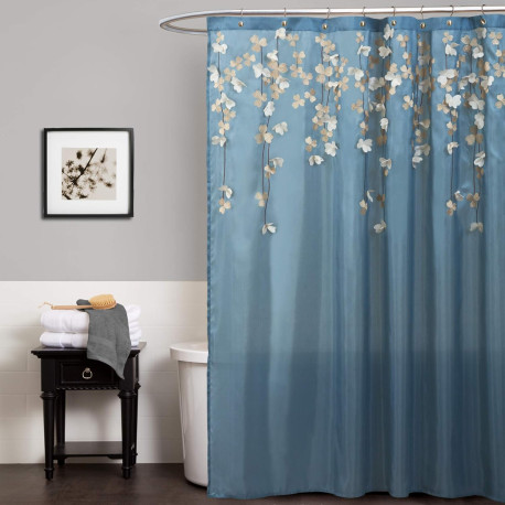 Fabric Floral Bathroom Decor, 72” x 72”, Blue and White