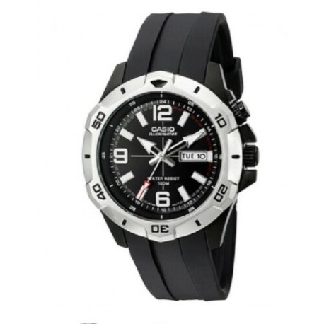 MTD1082-1AV Men's Rubber Strap Super Illuminator Day Date Black Dial Watch