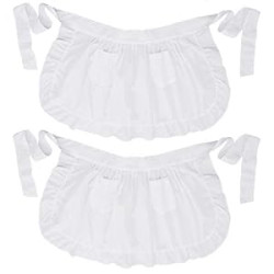 Twin Pack Retro Kitchen Ruffles Waist Apron with Pockets (White)