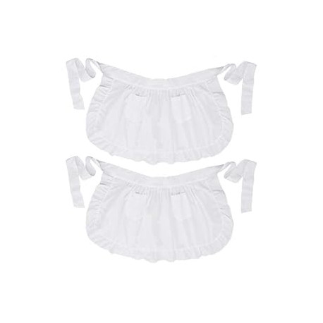 Twin Pack Retro Kitchen Ruffles Waist Apron with Pockets (White)