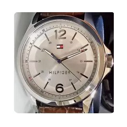 TOMMY HILFIGER Mens Watch 44mm Silver Dial Brown Gator Leather Strap 1791377