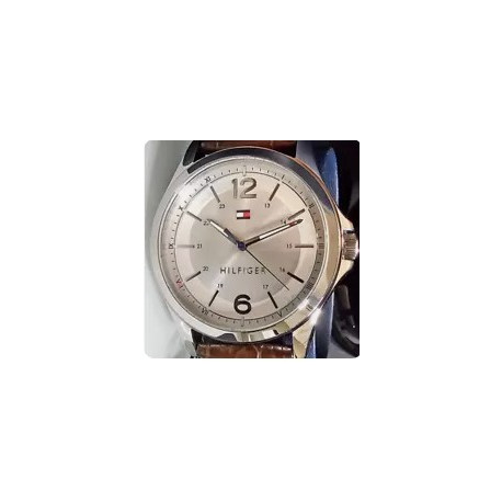 TOMMY HILFIGER Mens Watch 44mm Silver Dial Brown Gator Leather Strap 1791377