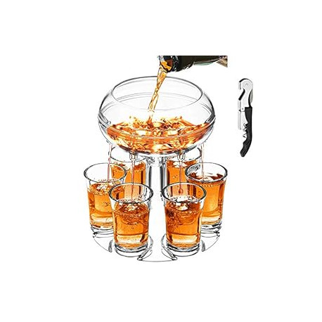 Shot Dispenser with 6 Drinking Glasses for Kinds of Parties (Clear)