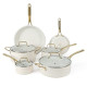 10 Piece Heavy Gauge Enamel Aluminum Pots and Pans Cookware Set - Linen White w/Gold Handle