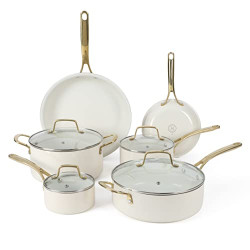 10 Piece Heavy Gauge Enamel Aluminum Pots and Pans Cookware Set - Linen White w/Gold Handle