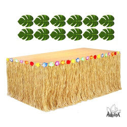 12 pc Tropical Green Leaves Included 1Pack Hawaiian Luau Hibiscus Brown Table Skirt (9 ft)