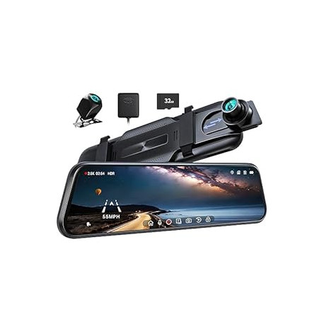 2.5K Rear View Mirror Camera, 10'' Mirror Dash Cam Smart Driving Assistant