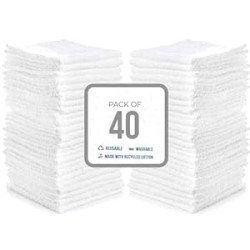 Cotton Washcloths White, 40 Pack, Size: 12”x12”