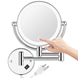 8 Inch Double-Sided 1X 5X Magnifying Mirror for Bathroom, 11'' Extendable Arm, 360° Swivel, Touch DimmableLED Lights