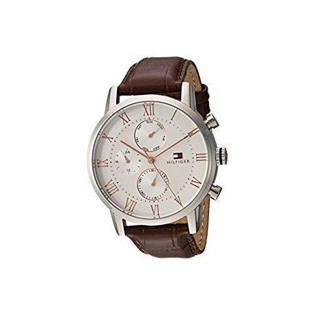 Men's Sophisticated Sport Stainless Steel Quartz Watch with Leather Strap, Brown, 21