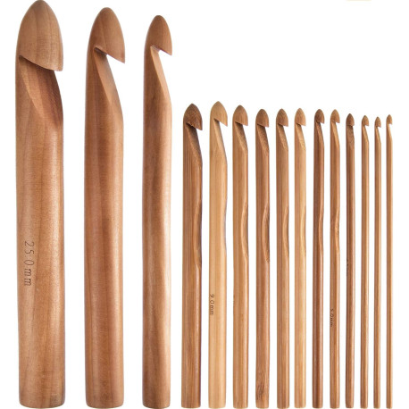15 Pieces Wooden Bamboo Crochet Hooks Set 3