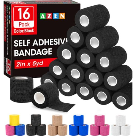 16 Pack Self Adhesive Bandage Wrap Black, 2" X 5 Yards Black Athletic Tape