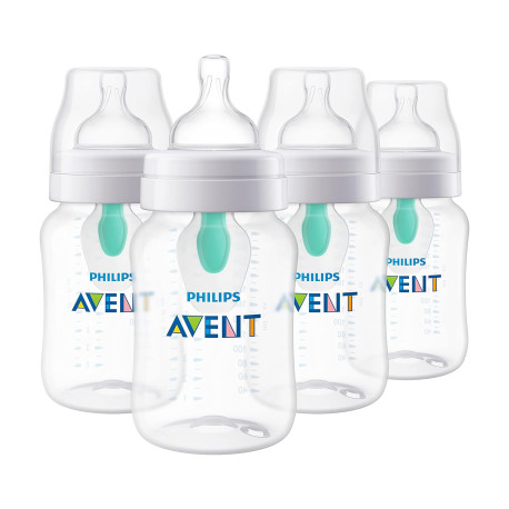 Philips Avent Anti-Colic Baby Bottle with AirFree Vent, 9oz, with Flow 2 Nipples, 1m+, 4pk, Clear, SCY703/04