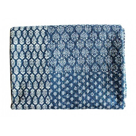 Indigo Color Hand Block Printed Kantha Quilt Throw