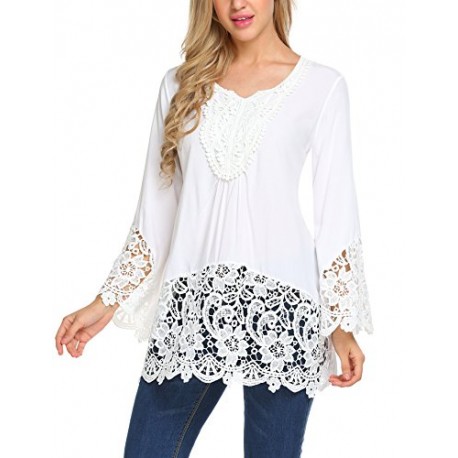 Women's Casual Tops Lace Splice Flare Sleeve Flowy Loose Peplum Boho Blouse T-Shirt Tops