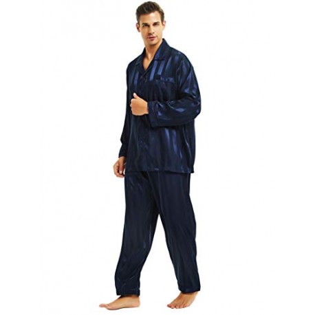 Long Button-Down Pajamas Set, Stripped