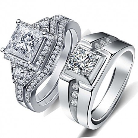 10k White Gold Plated White AAA Cz Wedding Engagement Ring Band Set