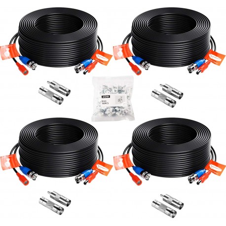 4 Pack 100ft (30 Meters) 2-in-1 Video Power Cable, BNC Extension