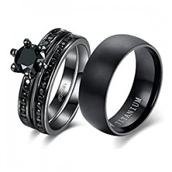 Black Gold Plated Cz Men Titanium Wedding Ring Band Set