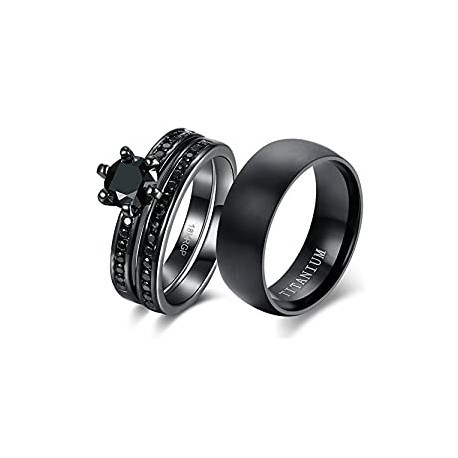 Black Gold Plated Cz Men Titanium Wedding Ring Band Set