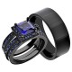 Black Stainless Steel Halo Blue Princess CZ His and Hers Wedding Couple Ring