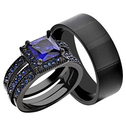 Black Stainless Steel Halo Blue Princess CZ His and Hers Wedding Couple Ring
