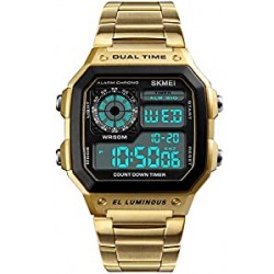 Dual Time Alarm Stopwatch Countdown Backlight Waterproof Watch