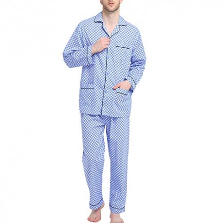 Mens Pajamas Set, 100% Cotton Woven Drawstring Sleepwear Set with Top and Pants/Bottoms