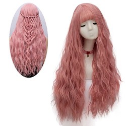 Women's Pink Wig Long Fluffy Curly Wavy Hair Wigs