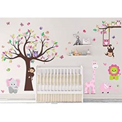 Kids Pink Jungle Theme Peel & Stick Girl Nursery Wall Decal