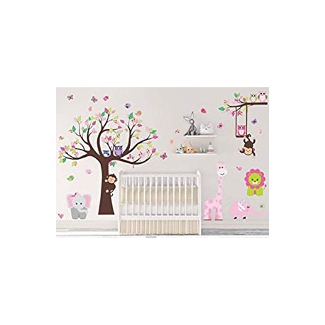 Kids Pink Jungle Theme Peel & Stick Girl Nursery Wall Decal