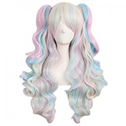 Multi-color Lolita Long Curly Clip on Ponytails Cosplay Wig (Pink/Blue/Blonde)