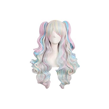 Multi-color Lolita Long Curly Clip on Ponytails Cosplay Wig (Pink/Blue/Blonde)