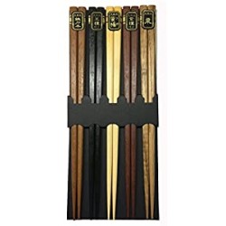 Wooden Chopsticks Reusable Japanese Chinese Wood Chop Sticks Hair Sticks 5 Pair Gift Set Dishwasher Safe, 9 inch (1, Multicolor)