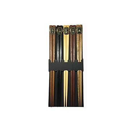 Wooden Chopsticks Reusable Japanese Chinese Wood Chop Sticks Hair Sticks 5 Pair Gift Set Dishwasher Safe, 9 inch (1, Multicolor)