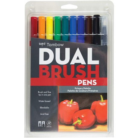 Tombow 56167 Dual Brush Pen Art Markers, Primary, 10-Pack