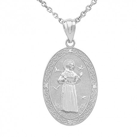 Sterling Silver Saint Francis of Assisi CZ Oval Medal Charm Necklace (Medium)